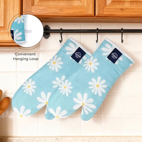 Image of Encasa XO Extra Long 18x35 cm Microwave Oven Gloves Mitts (2 pcs) for Kitchen Cooking - Daisy Blue - Heat Resistant, Thick & Safe, Protection of Hands from Hot Utensils, Gas Flame, Grill, Barbecue
