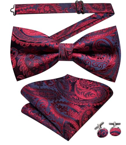 Image of Dubulle Mens Paisley Striped Bowtie Set Pre-tied Bowtie for Men and Pocket Square Set Wedding Business