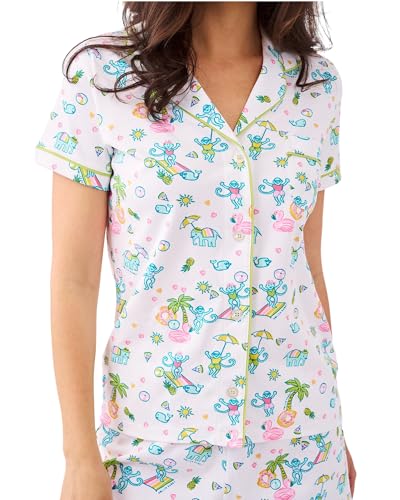 Image of 2-Piece Monkey Pajamas Set for Women Button Down V Neck Summer Y2K Beach Matching Lounge Set for Vacation Jammies Party Birthday Thanksgiving (Pool Party, Small)