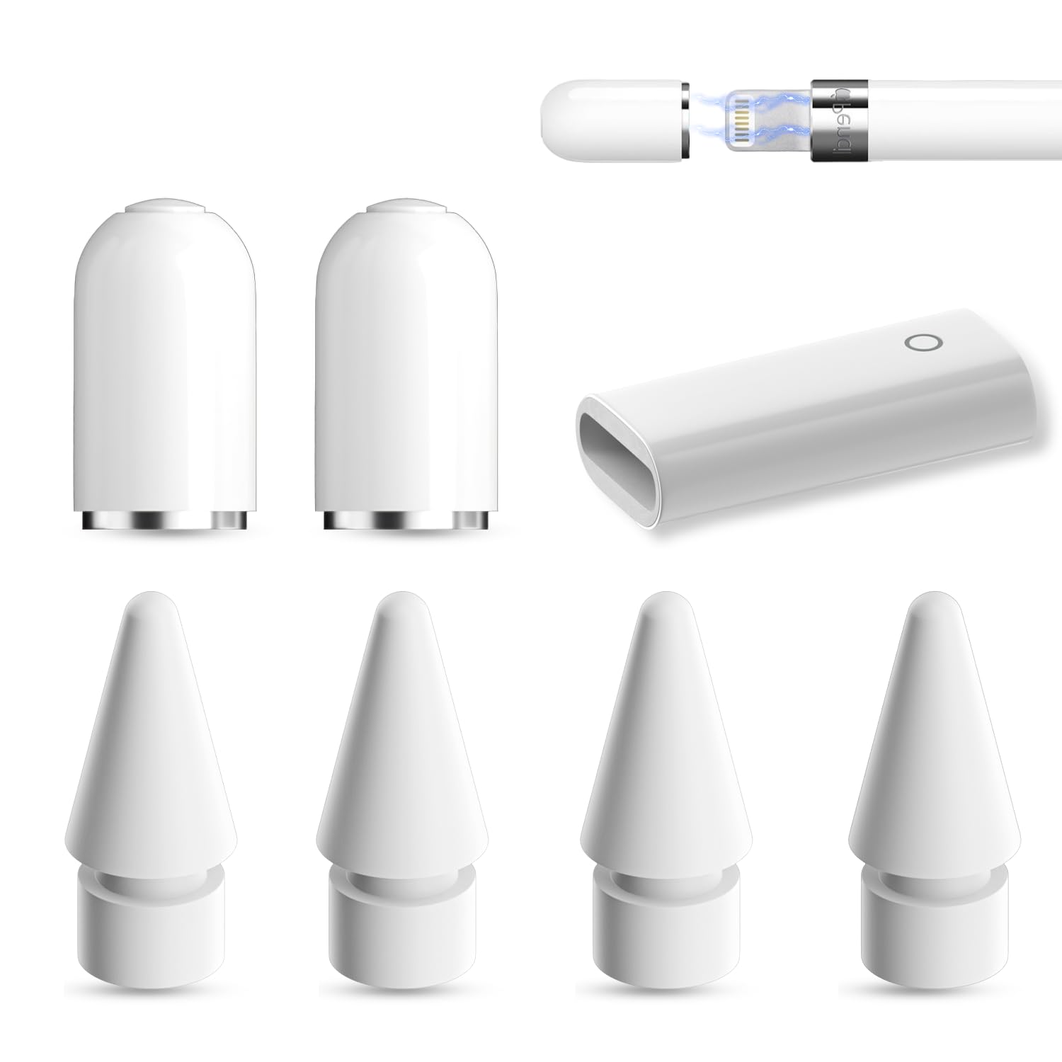 Accessories Set for Apple Pencil, 4 Pcs Tips Compatible with Apple Pencil 2nd/1st Generation, 2 Pcs Magnetic Replacement Caps and 1 Pcs Charging Adapter Compatible with Apple Pencil 1st Gen