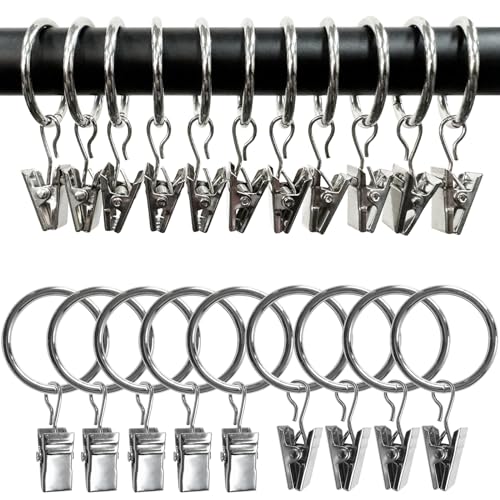 Image of AMZSEVEN 100 Pack Metal Curtain Rings with Clips, Drapery Clips with Rings, Drapes Rings 1 inch Inner Diameter, Fits Diameter 5/8 inch Curtain Rods, Silver