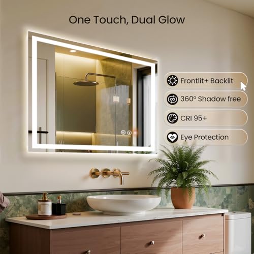 Image of 40x30 LED Bathroom Mirror with Anti-Fog, Backlit & Front Lights, Memory | Dimmable 3 Color CRI 95+ Shatterproof Tempered Glass ETL Listed for Safety Lighted Bathroom Vanity Mirror for Wall