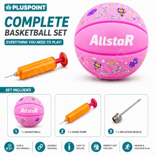 Image of PLUSPOINT Kids Basketball with Air Pump | Colorful Printed Rubber Basketball for Indoor & Outdoor Play | Training Sports Ball for Kids | Easy Grip Basketball for Boys and Girls