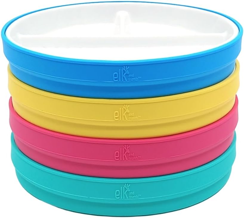 Elk and Friends Kids 7.8” Porcelain White Plates with Silicone Sleeves | Divided Plates | Suitable for Kids/Toddlers | Microwave & Dishwasher Safe | Non Slip | Snack Dishes