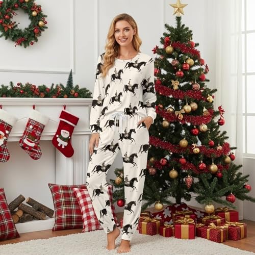 Image of Womens Lounge Set Long Sleeve Soft Pajama Sets | Casual 2 Piece Pj Outfit, Crewneck Sleepwear with Pockets, Adjustable Drawstring, Soft Comfy Fall Pajamas, Plus Size