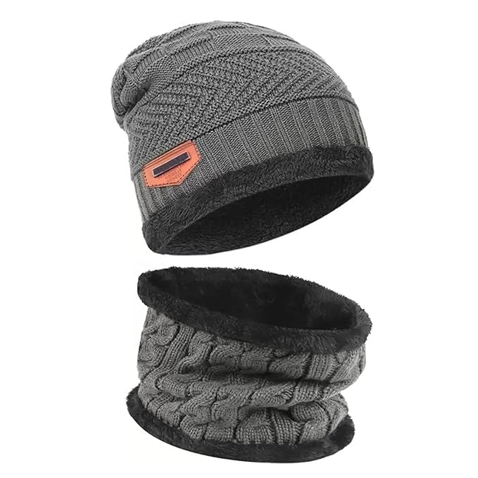 uniq world wide Warm Knit Hats, Skull Cap with Neck Warmer Winter Wear Beanie Hats Scarf Set for Men and Women (IN, Alpha, Free Size, GREY)-picture-18