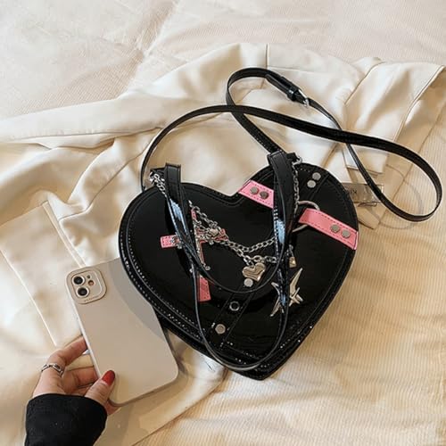 Harajuku Y2K Pastel Goth Black Heart Shaped Punk Cross Rivet Studded Decor Cute Cross-body Shoulder Bag2