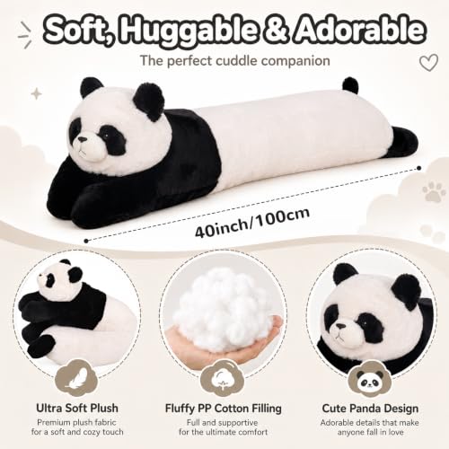 Image of MMguai 40'' Giant Panda Stuffed Animal, Large Stuffed Panda Long Body Pillow Plush Toy, Big Soft Toy Panda Jumbo Fluffy Panda Plushies Gift for Kids Boys Girls, Birthday