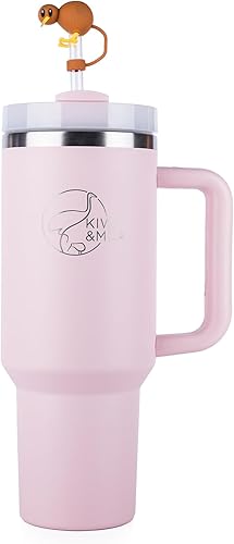 Vaso de 40 onzas con asa y pajita, incluye pajita de kiwi (flores)