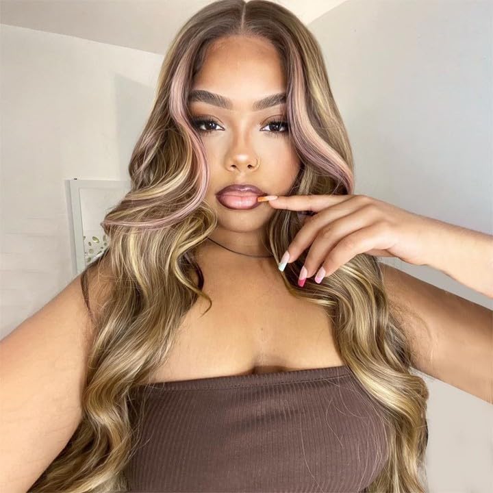 Miniatura 2 de Peluca de encaje frontal sintético con reflejos rosados, 30 pulgadas de largo, previamente despuntada con abuelitos