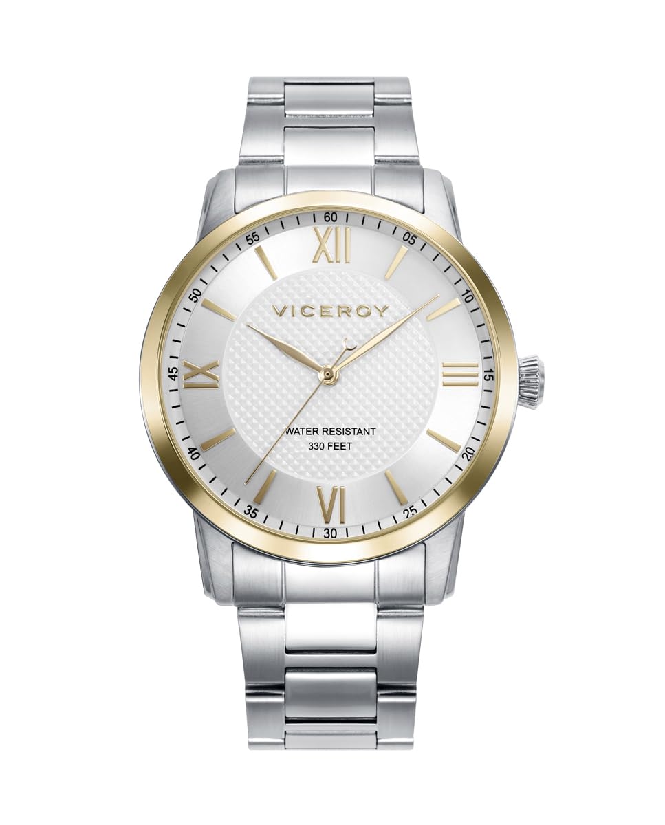 Viceroy Reloj Hombre Elegante de Acero Inoxidable - 40 mm - Movimiento de Cuarzo - Esfera Plateada - Bisel Dorado - Resistente al Agua 10 ATM - Brazalete de Acero - Colección Grand – 41145-83