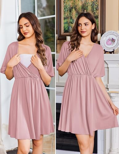 Image of Ekouaer 3 in 1 Labor and Delivery Gown for Hospital Short Sleeve Maternity Nursing Dress Nightgown Postpartum Sleepwear
