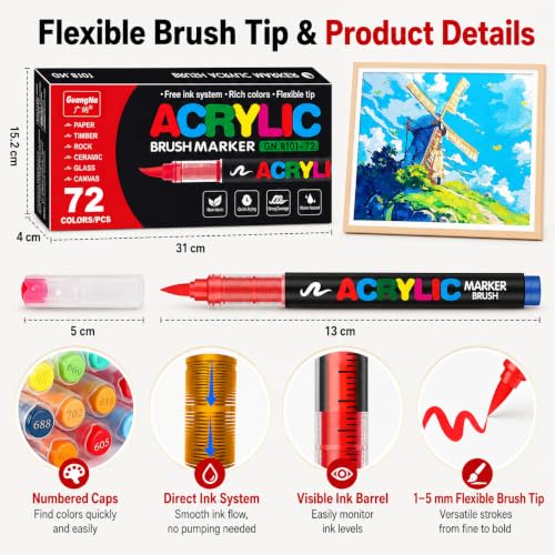 Image of Amamao Acrylic Paint Markers, Soft Brush Tip and Paint Markers, Acrylic Paint Pens for Wood, Stone, Canvas, Glass, Fabric, Egg, Rock Painting and Craft Supplies, 72 Colors
