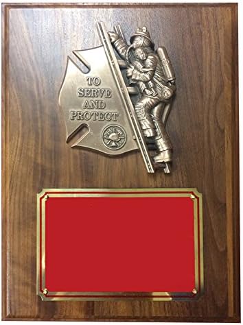 SHOP AWARDS AND GIFTS Customizable Firefighter with Child Trophy Plaque Award Gift, Personalized Custom Engraved 9 x 12 Inch, Walnut Veneer, Includes Personalization