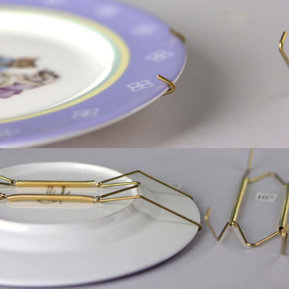 Golden Stainless Steel Plate Hangers W Type Dish Spring Holder Securing Clip Hanging Invisible Hook for Decorative Plates and Art(10 inch)