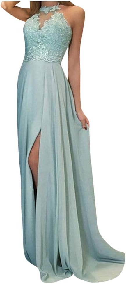 YiYLunneo Women's Dress Elelgant Embroidery Lace Halter Evening Party Wedding Slit Formal Long Dresses Green