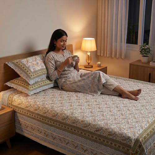 Image of Mafatlal Heritage 144 TC Cotton Double Bedsheet with 2 Pillow Covers | Designer Bedsheet Double Bed, Elegant Home Decor, Premium Look | 90 x 100 Inches | Satin Gold