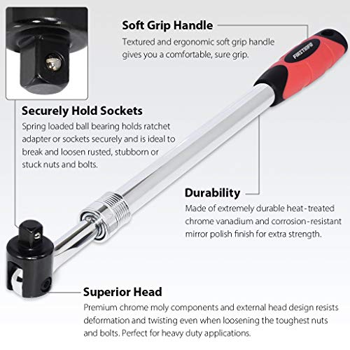 Image of FIRSTINFO Taiwan 1 /2 inch Drive Extendable Breaker Bar with Ratchet Adapter | 18-1 /2 inch to 24-1 /2 inch Length Extended Leverage with 230 Degrees Flexible Head, Premium CR-V, Heavy Duty, F32242D