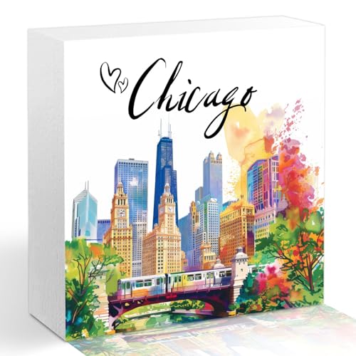 Cidobi Funny Farmhouse Office Desk Decor Accessories, Chicago Wood Block Sign, Cartoon Art Decoration Wooden Box Sign, Birthday Gifts for Women Men