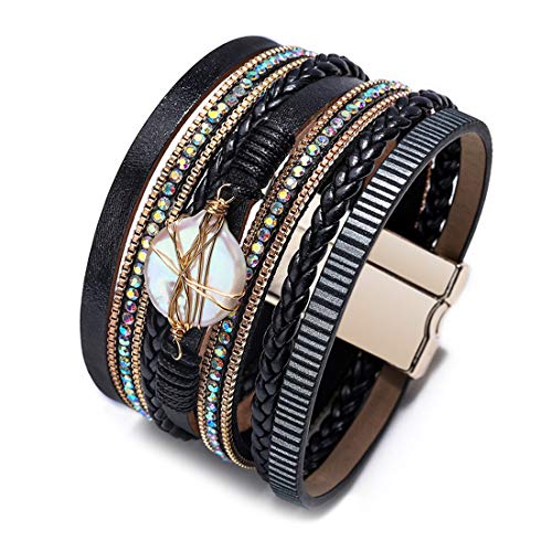 GVUSMIL Womens Multi-Layer Leather Wrap Bracelet Bohemian Handmade Wristband Braided Rope Cuff Bangle Bracelets Jewelry for Women Teen Girls Mother (Pearl-Black)