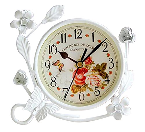 S.W.H Vintage Reloj de Mesa de Hierro Decoración de Hogar Salón Reloj Blanco Redondo con Flores Mariposa