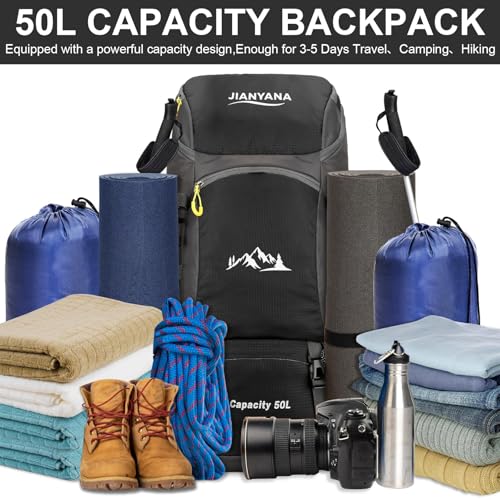 jianyana Hiking Backpack Waterproof 50L Foldable Rucksack Durable Lightweight Camping Bag with Rain Cover for Camping Trekking Hiking Walking Cycling Climbing Outdoor Sports for Women Men - Image 4