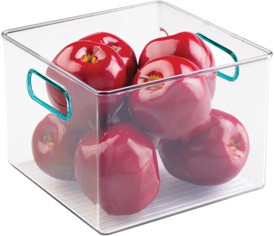 mDesign Plastic Food Storage Container Bin with Handles for Kitchen, Pantry, Cabinet, Fridge/Freezer - Cube Organizer for Snacks, Produce, Vegetables, Pasta - BPA Free, Food Safe - 2 Pack, Clear/Blue