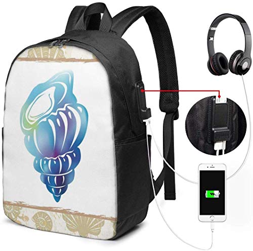 Preisvergleich Produktbild Schulrucksack-Taschen mit USB-Ladeanschluss und Kopfhöreranschluss, Aquatic Stylized Cockleshell Coastal Fauna Bivalve Seashell im Frame Calmn-Druck, 16 cm