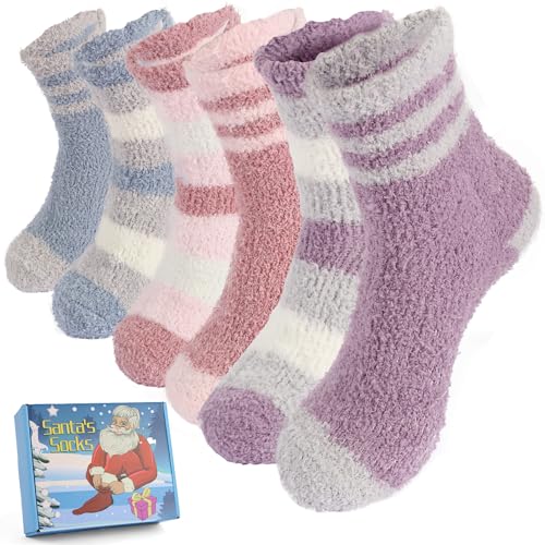 Image of SAIWEILAI ONLINE 7 Pieces Christmas Fuzzy Socks Gift Set:6 Pair of Soft Cozy Warm Socks with Christmas Gifts Box for Women