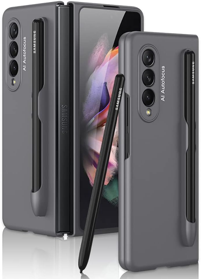 SHIEID Samsung Fold 3 Case with S Pen Holder, Slim PC Fold 3 Case with Pen Holder, Ultra-Thin Designed for Samsung Galaxy Z Fold 3 5G Case, Cold Mountain Gray