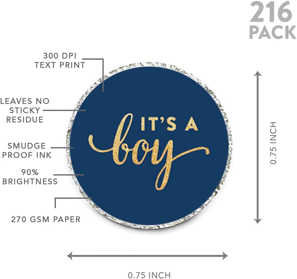 Andaz Press Chocolate Drop Labels Stickers Single, Baby Shower, It's a Boy Navy Blue and Gold Glitter, 216-Pack, for Kisses Party Favors, Gifts, Decorations