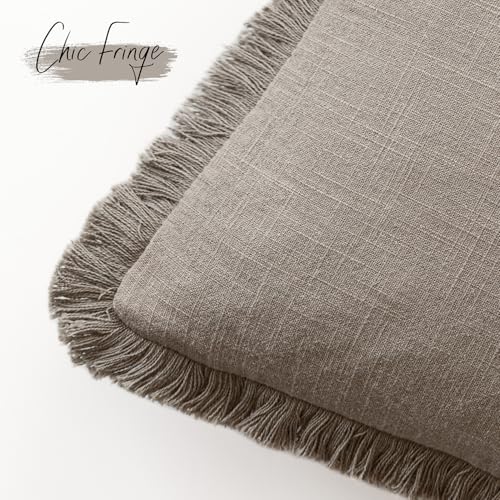 Image of Foindtower Set of 2 Decorative Linen Fringe Throw Pillow Covers Boho Farmhouse Cushion Cover with Tassels Accent Pillowcase for Couch Chair Sofa Bed Living Room Home Decor,22x22 Inch,Brown Tan