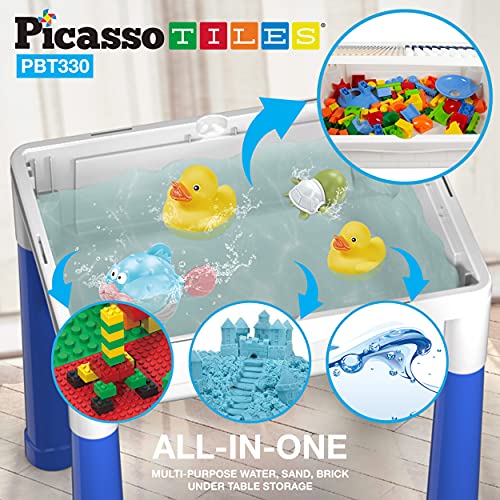 Picassotiles Kids Activity Center Play Table & Study Desk Set Sandbox Water Tight Container Storage All-In-1 Stem Toy Kit Playset With 331Pc Dual Size Building Bricks Construction Blocks Marble Run #TOP2