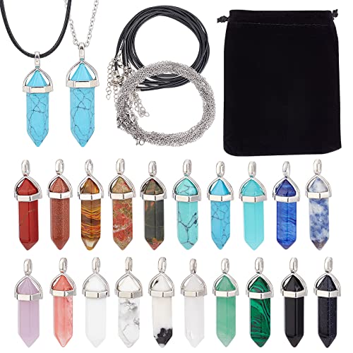 SUNNYCLUE 20 Colors Bullet Shape Gemstone Pendants Hexagonal Chakra Crystal Charms Healing Gemstone Pendant Bulk with Waxed Cotton Cord for Adults DIY Choker Necklace Jewelry Making Crafts