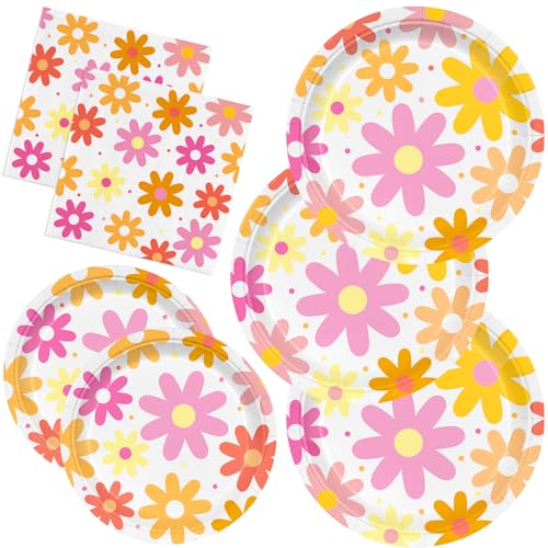Image of 150pcs Groovy Daisy Birthday Party Paper Plates Napkins Set, Serve 50 Guest