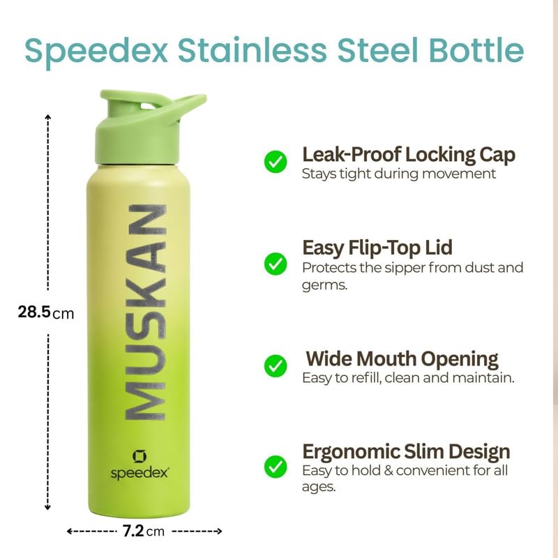 Image of Speedex Engraved Name Stainless Steel Sipper Water Bottle 1 Ltr - Customised Personalised Bottle for Kids & Adults, School, Gym, Sports, Lime Green, Set of 1