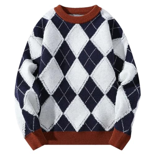 Men Plaid Print Knitted Pullovers Mens Casual Streetwear Soft Warm Knit Sweaters