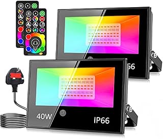 2 Pack 40W LED Flood Lights Outdoor, 120 Colours 5 Modes RGB Floodlight, IP66 Waterproof, Timing Function, 2700K Warm White Security Lights, Outdoor Lights for Garden Landscape Stage with UK 3-Plug