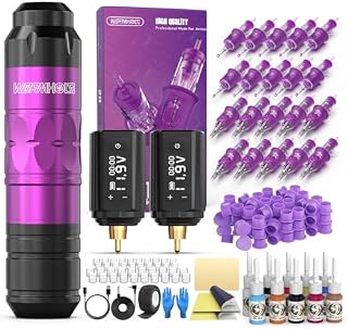 Wormhole Tattoo Gun Tattoo Kit with Wireless Tattoo Machine, 2PCS 1,200mAh Capacity Tattoo Batteries, 50 Silicone Ink Caps with Base 20 Cartridge Needles with Finger Ledge for Artists