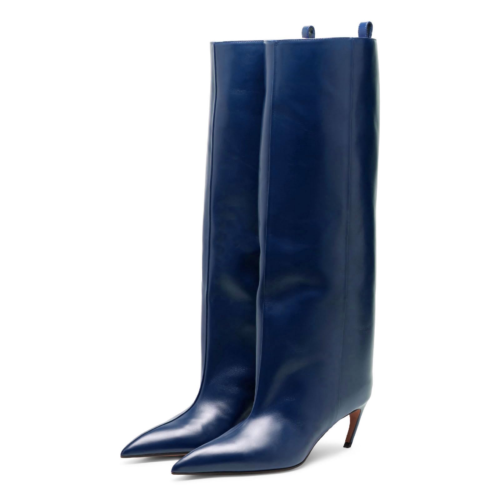 Womens Fashion Kitten Heel Knee High Boots Chic Silver Buckle Pointed Closed Toe Pull On Mid Heel Long