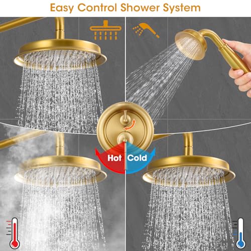 Image of Rainfall Shower Head with Handheld Combo, Brushed Gold Shower System with Balance Pressure Valve, 9 inch Shower Head and Faucet Set, Rain Shower Head with Handheld Spray Wall Mount(B2312-BG)