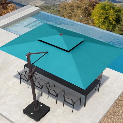 Image of 10' X 13' Patio Umbrella with Weighted Base and LED Lights Outdoor Cantilever Large Rectangle Offset Umbrellas Heavy Duty Aluminum Double Top with 360-degree Rotation for Pool Garden Deck, Turquoise