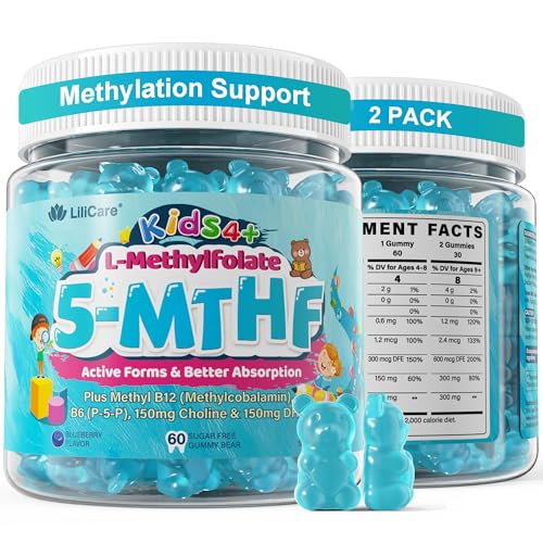 L Methylfolate for Kids Gummies Active 5-MTHF + Methyl B12 B6 Choline & Vegan DHA Methylated Vitamins for Kids MTHFR Supplement Support Mood Bhavior Cognition Brain Focus Sugar Free 2 Pack