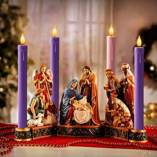 Image of Homemory Flameless Advent Candles, Set of 4, Battery-Operated Flickering LED Candlesticks, Flameless Taper Candles with Remote Timer - 3 Purple, 1 Pink for Christmas Wreath