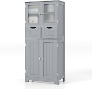 RELAX4LIFE Bathroom Floor Cabinet, Free Standing Storage Cupboard with 2 Drawer, Double Door Cabinet & 3-Height Adjustable Shelves, Wooden MDF Organiser Unit for Entryway Living Room Kitchen (Grey)