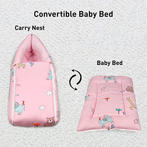 Image of R for Rabbit Snuggy Baby Sleeping Bag & Carry Nest 100% Cotton Holding Bedding Set for New Born Babies, Portable Travel Friendly 3 in 1 Convertible Set of Infants Upto 12 Month 75x48 Cm (Blush Pink)