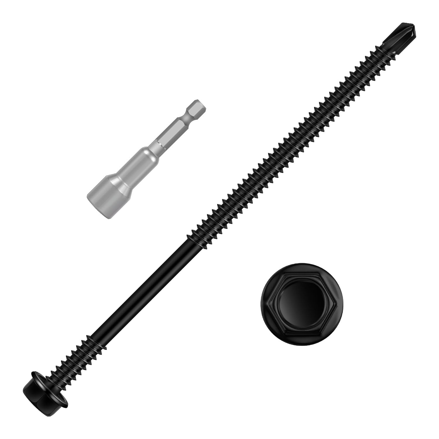 20 PCS #14 x 5 Sheet Metal Screws, Black Hex Washer Head Self Drilling Screw, Flanged Self Tapping Screws, 410 Stainless Steel