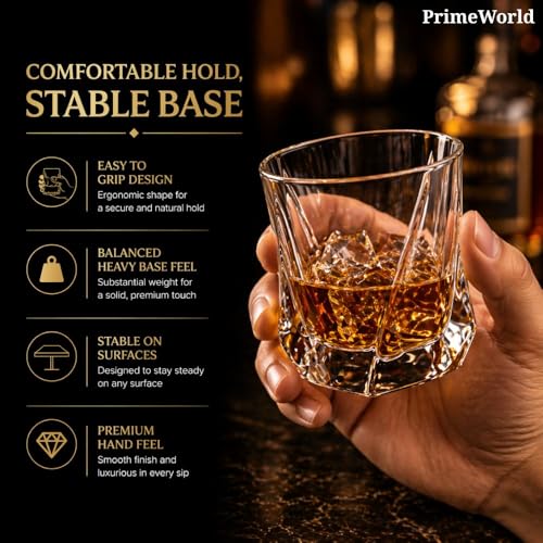 Image of PrimeWorld Eropean Twister Crystal Whiskey Glasses Set of 6 pcs- 300 ml Bar Glass for Drinking Bourbon, Whisky, Scotch, Cocktails, Cognac- Old Fashioned Cocktail