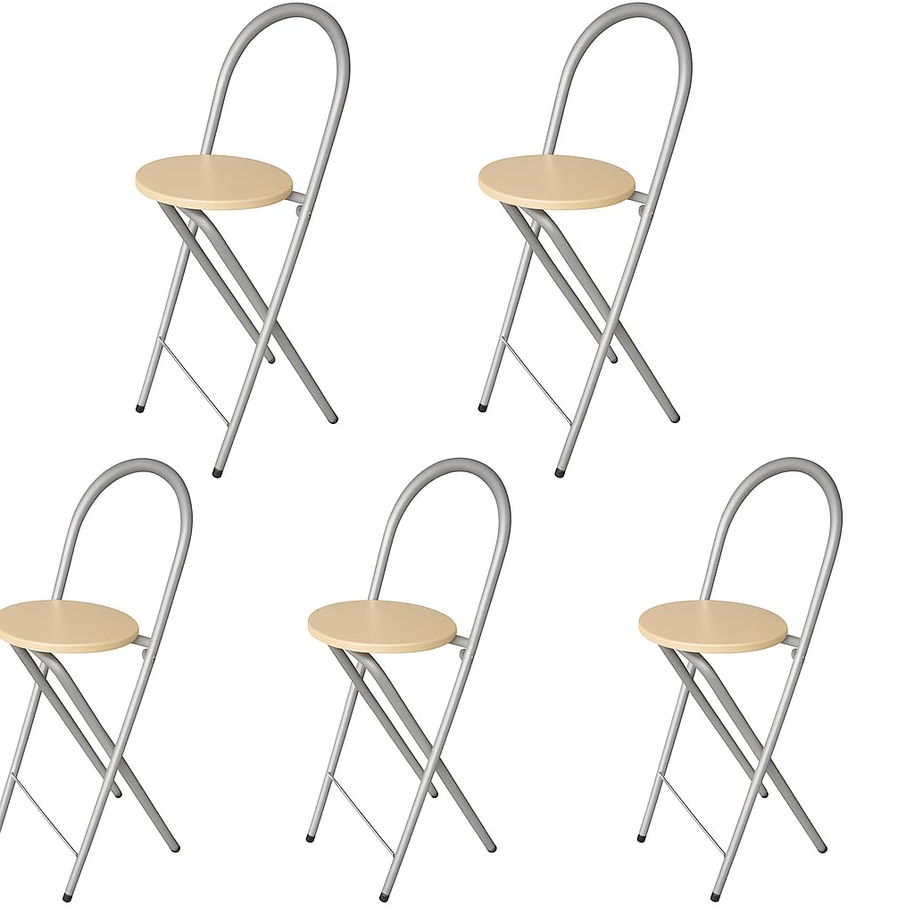 UMBRELLA KMH® Juego de 5 Taburetes Bill – Plegables y Ahorra Espacio, Color Plata/Haya – Taburetes con Respaldo y reposapiés, Estructura de Acero – estables y versátiles para Cocina, Bar y Eventos