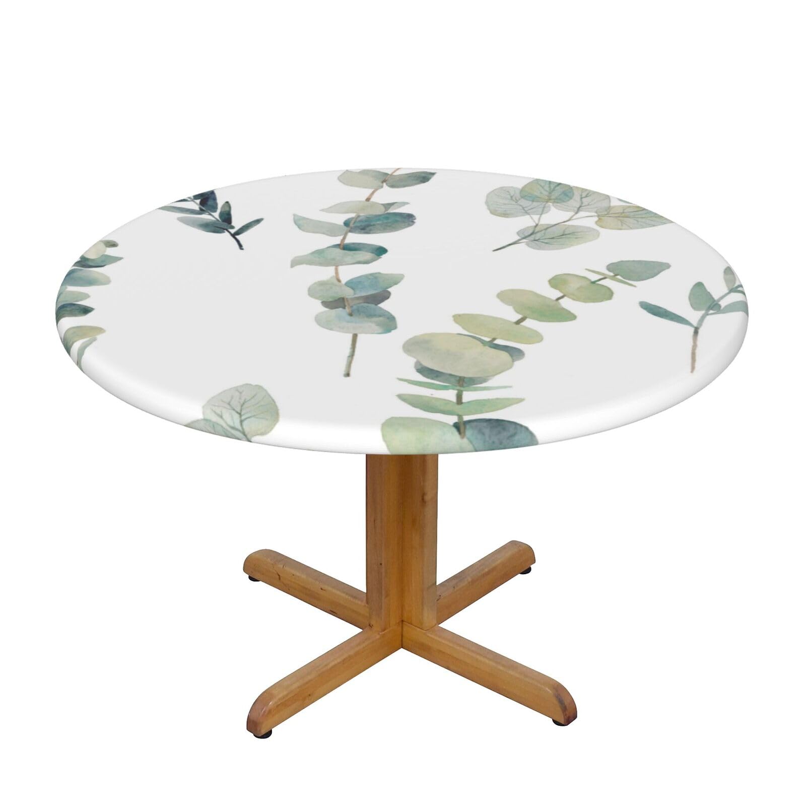 Ffshkowe Eucalyptus Leaves Elastic Round Tablecloth Oil Proof Table Cover For Dining Party Picnic